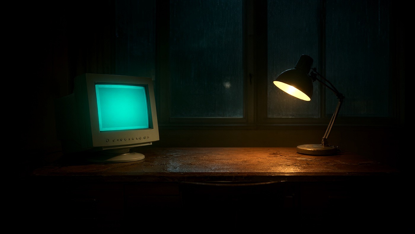 A dark desk at night: a CRT glowing cyan, a brass lamp, rain on the window
