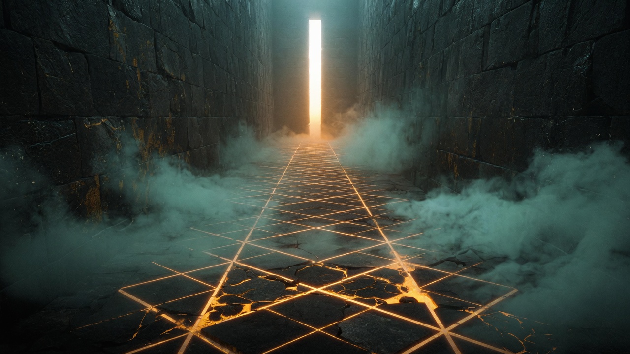 A dark stone corridor with amber lattice light in the floor key art