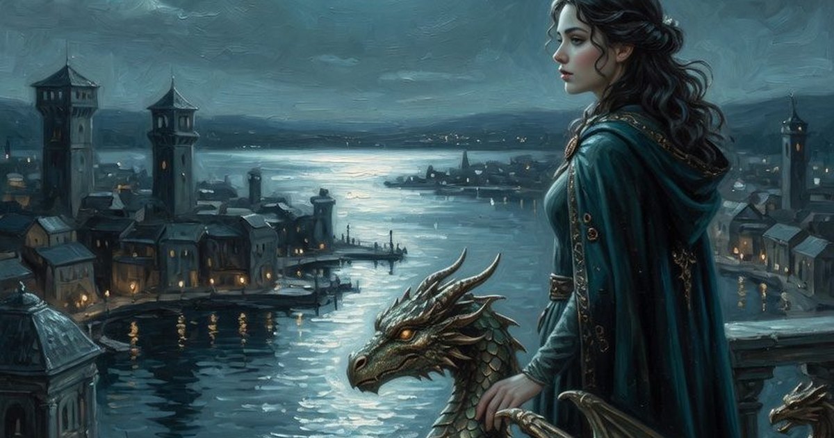 Serenya and a small bronze-green dragon on a moonlit harbor balcony key art